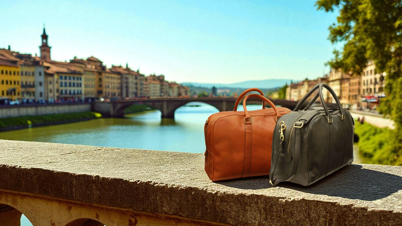 Two suitcases, one brown and one gray, on a stone ledge with a scenic river and buildings in the background.
