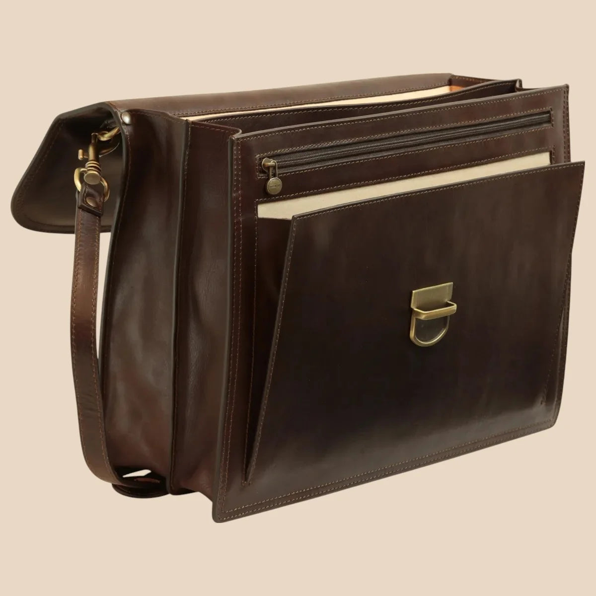 Briefcase With Leather Shoulder Strap - Brown Colonial - Image 3 | Bufalo d'Oro